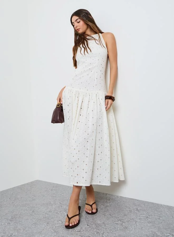 Styli Off White Embroidered A-Line Midi Dress