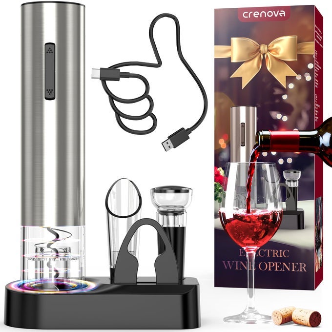 WINE OPENER ELECTRIC RECHARGEABLE WINE BOTTLE OPENER AUTOMATIC CORKSCREW WITH VACUUM STOPPER AERATOR POURER FOIL CUTTER DISPLAY BASE HOUSE WARMING GIFTS FOR NEW HOME WEDDING BIRTHDAY