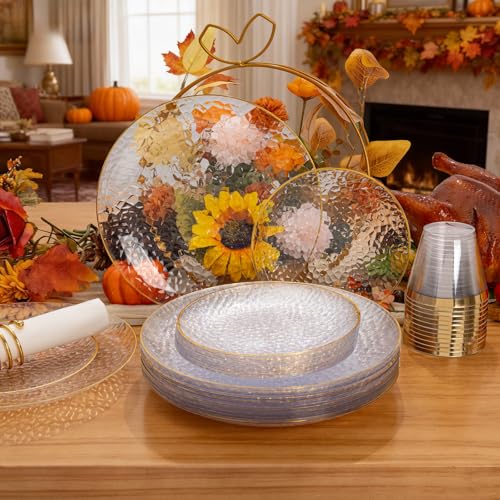 Rubtlamp 350 Pcs Clear Gold Plastic Plates, Hammered Disposable Dinnerware, Clear-Gold Plates Set Include 100 Plastic Platos, 150 Gold Disposable Silverware, 50 Cups And 50 Napkins for Thanksgiving - Image 2