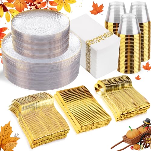 Rubtlamp 350 Pcs Clear Gold Plastic Plates, Hammered Disposable Dinnerware, Clear-Gold Plates Set Include 100 Plastic Platos, 150 Gold Disposable Silverware, 50 Cups And 50 Napkins for Thanksgiving - Image 1