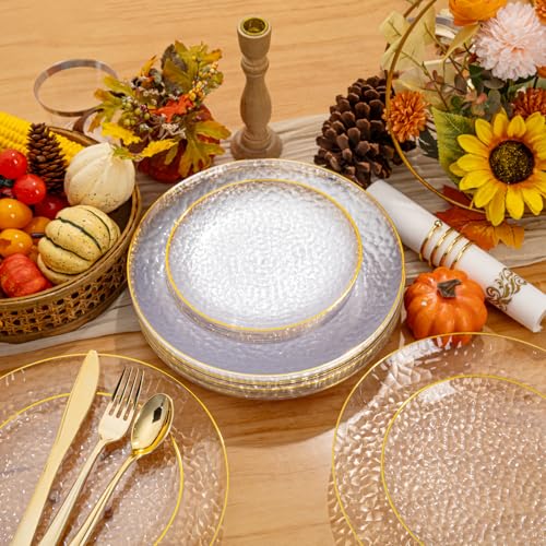 Rubtlamp 350 Pcs Clear Gold Plastic Plates, Hammered Disposable Dinnerware, Clear-Gold Plates Set Include 100 Plastic Platos, 150 Gold Disposable Silverware, 50 Cups And 50 Napkins for Thanksgiving - Image 3