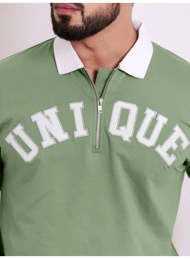مانياك Maniac Men Printed Round Neck Half Zip & Full Sleeve Hunter Green and White Cotton Oversized T-Shirt