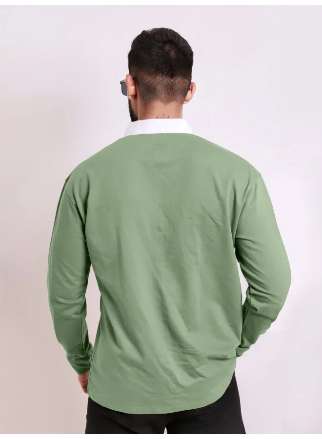 مانياك Maniac Men Printed Round Neck Half Zip & Full Sleeve Hunter Green and White Cotton Oversized T-Shirt
