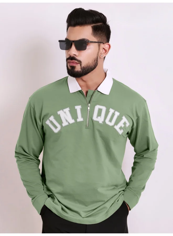 مانياك Maniac Men Printed Round Neck Half Zip & Full Sleeve Hunter Green and White Cotton Oversized T-Shirt