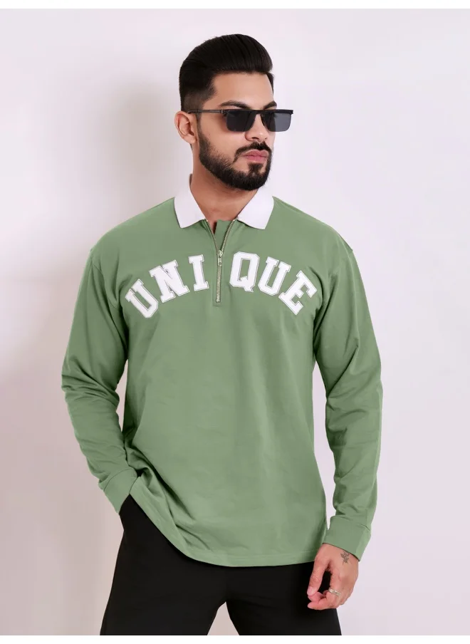 مانياك Maniac Men Printed Round Neck Half Zip & Full Sleeve Hunter Green and White Cotton Oversized T-Shirt