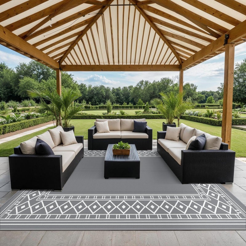GENIMO Outdoor Rug Waterproof Area 10'x14' for Patio, Foldable Reversible Plastic Straw Carpet for Travel Trailers, Outside Mat for Rv, Deck, Picnic, Porch, Camper, Balcony, Beach, Grey & White - Image 3