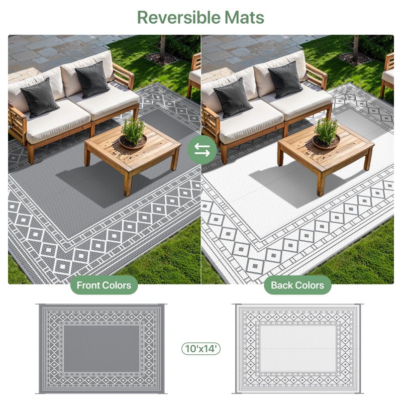 GENIMO Outdoor Rug Waterproof Area 10'x14' for Patio, Foldable Reversible Plastic Straw Carpet for Travel Trailers, Outside Mat for Rv, Deck, Picnic, Porch, Camper, Balcony, Beach, Grey & White - Image 5