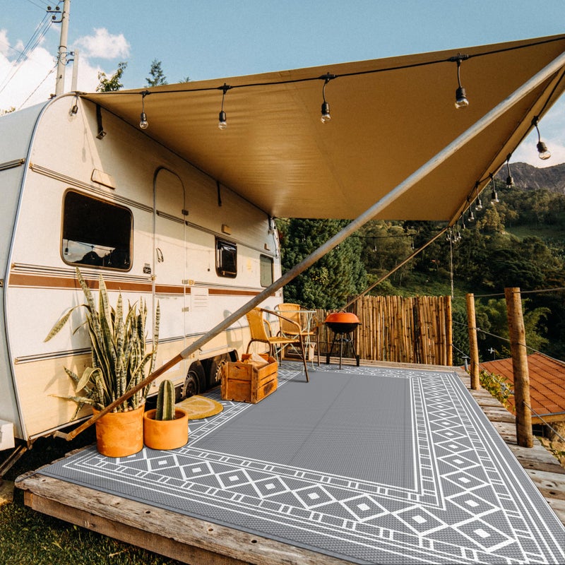 GENIMO Outdoor Rug Waterproof Area 10'x14' for Patio, Foldable Reversible Plastic Straw Carpet for Travel Trailers, Outside Mat for Rv, Deck, Picnic, Porch, Camper, Balcony, Beach, Grey & White - Image 2