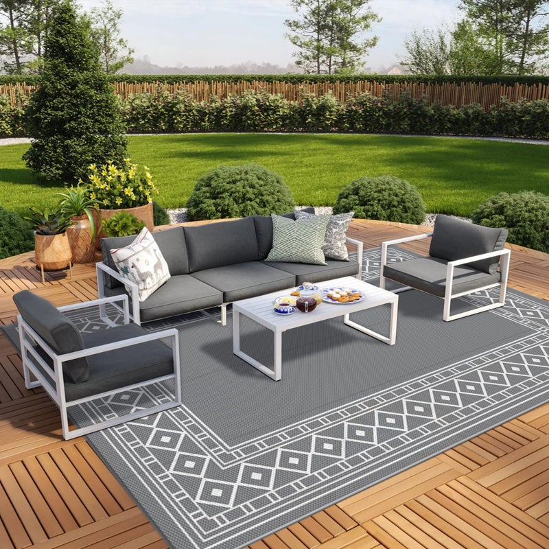 GENIMO Outdoor Rug Waterproof Area 10'x14' for Patio, Foldable Reversible Plastic Straw Carpet for Travel Trailers, Outside Mat for Rv, Deck, Picnic, Porch, Camper, Balcony, Beach, Grey & White - Image 1