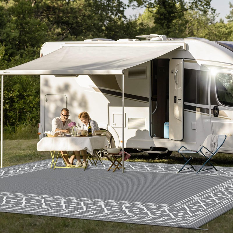 GENIMO Outdoor Rug Waterproof Area 10'x14' for Patio, Foldable Reversible Plastic Straw Carpet for Travel Trailers, Outside Mat for Rv, Deck, Picnic, Porch, Camper, Balcony, Beach, Grey & White - Image 4
