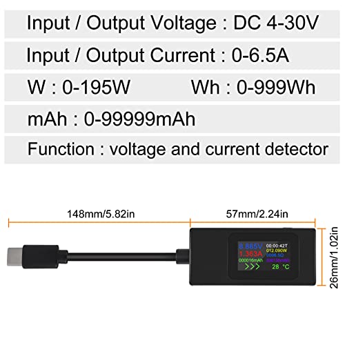 ACEIRMC 1pcs Type-C USB-C Tester Current Meter 4-30V 5V 12V 24V 0-6.5A 120W Power Meter Multimeter Ammeter Type C USB Charger Tester Color Display Capacity Fast Charge Converter (Type-C Black) - Image 4