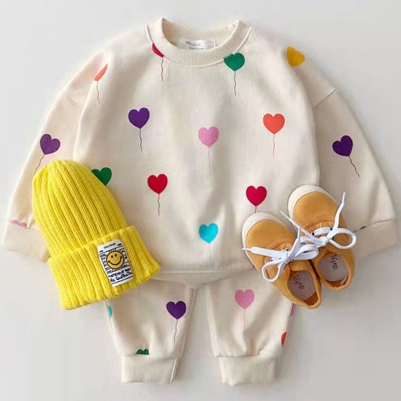 Korean-style Ins Baby and Toddler Suit Stylized Love Balloon Mens and Womens Childrens Clothing Sweatshirt Pants Baby Cotton Two-piece Set Love style 