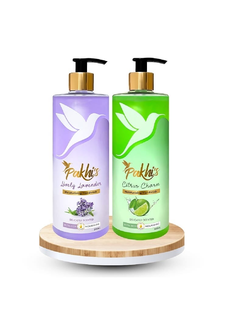 Pakhi's Pakhi’s Liquid Hand Soap – Twin Pack (2 x 500ml) - Moisturizing Foaming Hand Wash for bathroom and kitchen with Pump - Luxurious Nourishment for Your Skin (Lively Lavender + Citrus Charm) - Image 1
