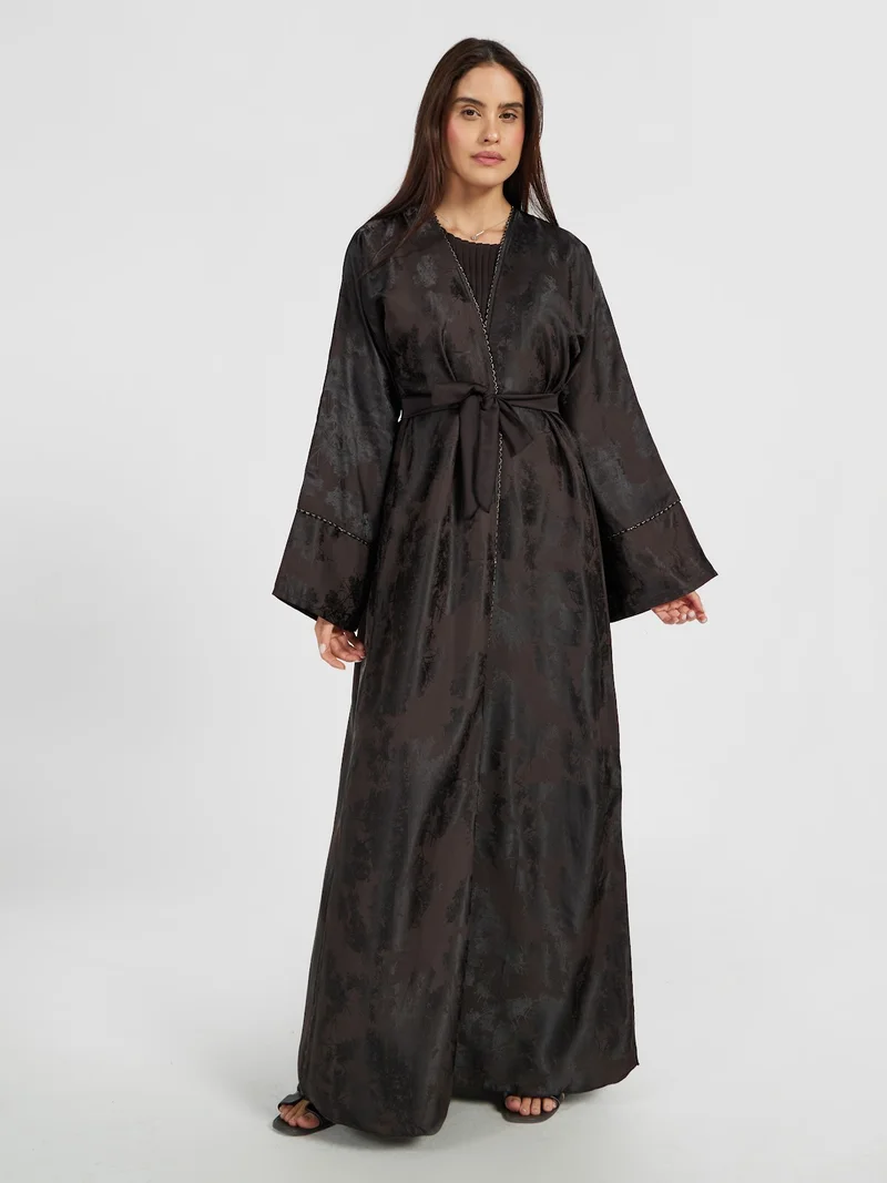 Reem Abayas Jacquard Textured Belted Abaya with Gold Piping