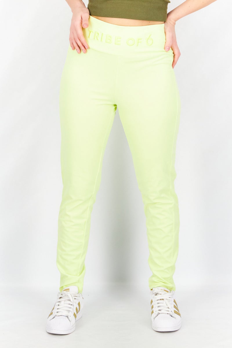TRIBE OF 6 Women Embroidered Waistband Leggings, Sunny Lime - Image 1
