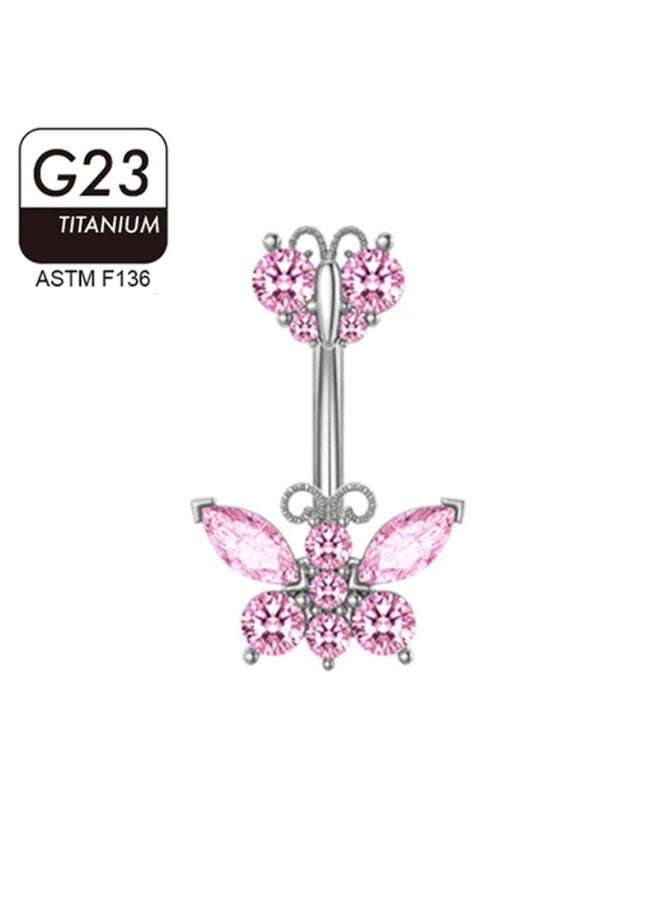 Innoshine Titanium  Belly Button Ring for Sensitive Skin Surgical Steel Piercing Belly Ring , Elegant Butterfly Design Navel Piercing Ring with Pink Sparkling Zirconia for Fashion Women Hypoallergenic Medical Grade Body Piercing Jewelry Ideal for Party Graduation Anniversary Gifts - Image 1