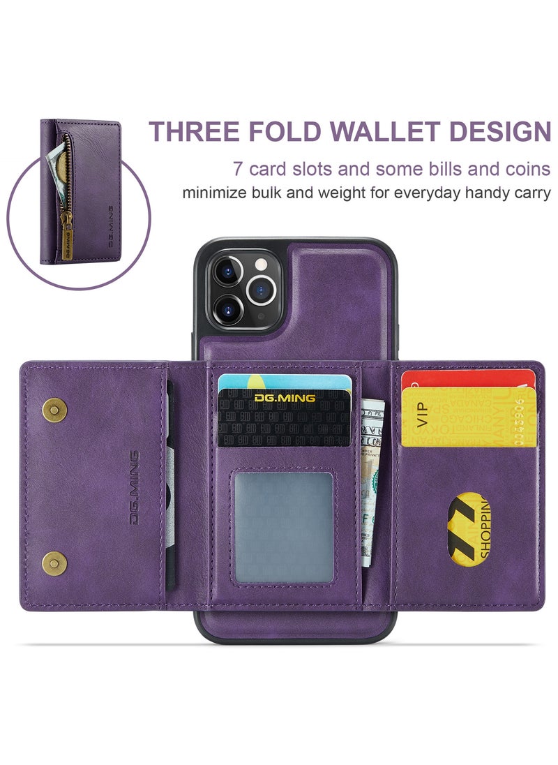 DGMING - CaseMe Wallet Case for iPhone 11 Pro MAX DGMING Premium Leather Phone Case Back Cover Magnetic Detachable with Trifold Wallet Card Holder Pocket - Purple - Image 1