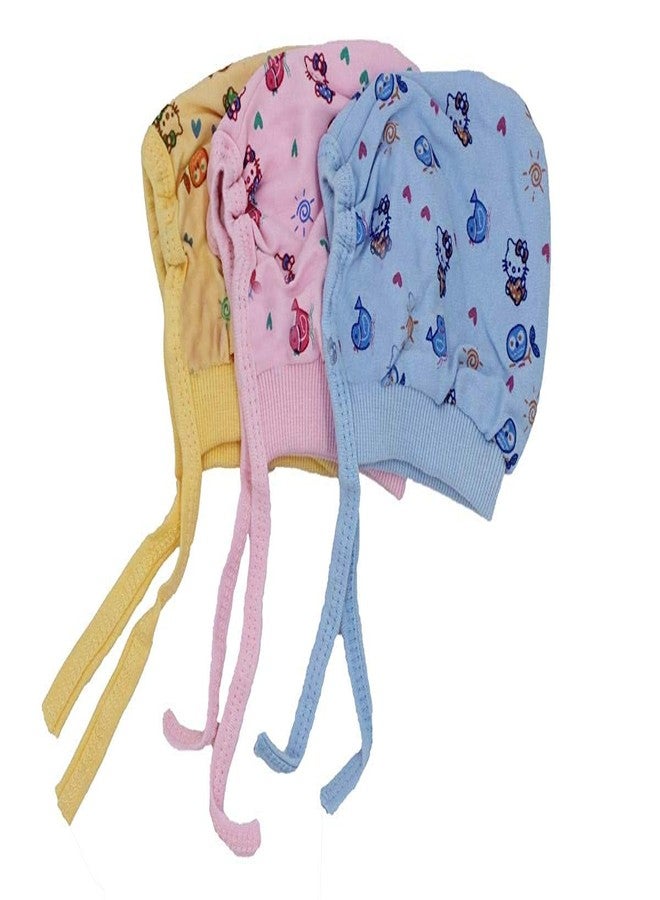 BCARE Newborn Baby Boys Girls Winter Care Soft Cotton Hosiery Cap with Tai Knot & Bonnet for Toddler Multicolor Woolen Caps Infant Hat Kids Topi Pack of 3 - Image 1