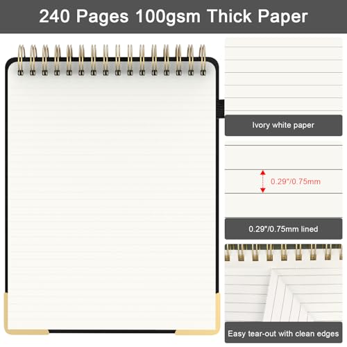 Mousbull A4 Top Spiral Notebook, Large Leather Hardcover Top Bound Steno Pads, 240 Pages 100 gsm Thick Lined Paper Left Handed Notebook Journal for Work, School, Meeting Writing - Black, 8.5" x 11" - Image 4