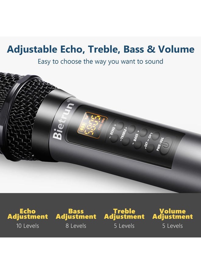 Bietrun Wireless Microphone with Echo, Treble, Bass & Bluetooth, 160 FT Range, UHF Portable Dual Handheld Karaoke Dynamic Microphone System, for Karaoke Machine, Party Singing, Wedding, Amp, PA System - Image 3