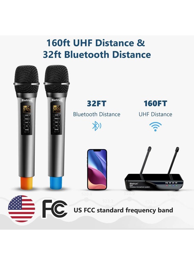 Bietrun Wireless Microphone with Echo, Treble, Bass & Bluetooth, 160 FT Range, UHF Portable Dual Handheld Karaoke Dynamic Microphone System, for Karaoke Machine, Party Singing, Wedding, Amp, PA System - Image 2