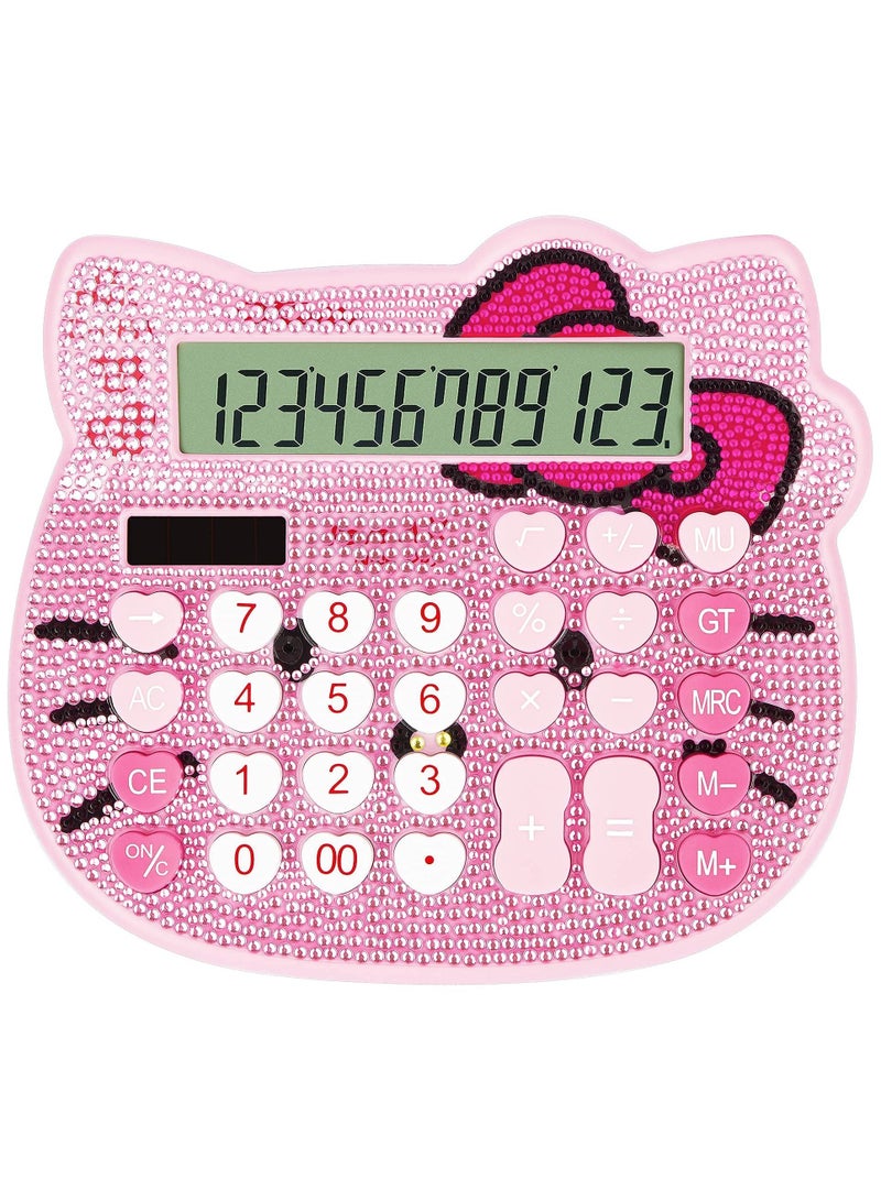 Cute Cat Calculator, 12 Digit Crystal Calculator, Girl and Woman Calculator, Large LCD Display Dual Drive by Solar Energy for School Office Home (Pink) - Image 1