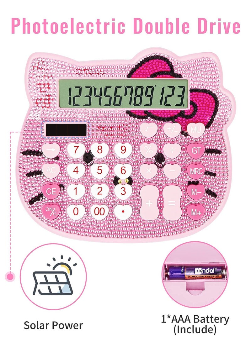 Cute Cat Calculator, 12 Digit Crystal Calculator, Girl and Woman Calculator, Large LCD Display Dual Drive by Solar Energy for School Office Home (Pink) - Image 4