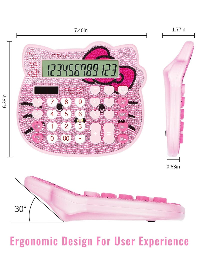 Cute Cat Calculator, 12 Digit Crystal Calculator, Girl and Woman Calculator, Large LCD Display Dual Drive by Solar Energy for School Office Home (Pink) - Image 3