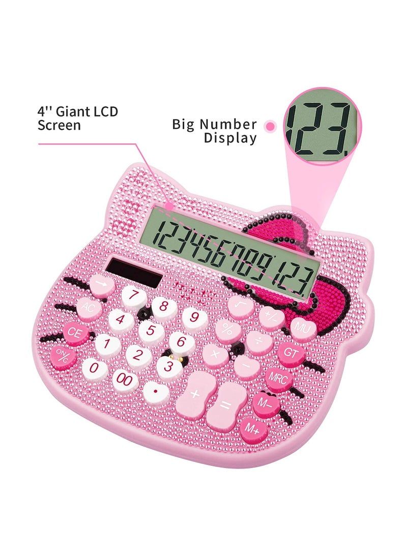 Cute Cat Calculator, 12 Digit Crystal Calculator, Girl and Woman Calculator, Large LCD Display Dual Drive by Solar Energy for School Office Home (Pink) - Image 5