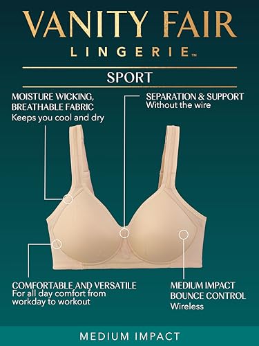 Vanity Fair Womens Medium Impact Sports For Breathable, Moisture Wicking, Padded Cups Up To Ddd Bra, Wireless - Black, 44DD US - Image 5