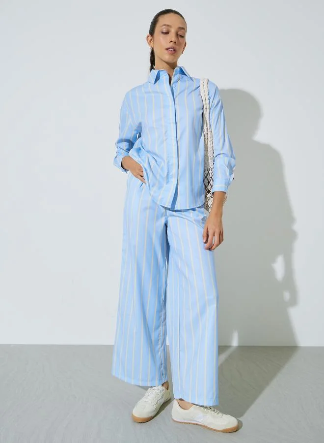 Styli Light Blue Striped Wide Leg Trousers with Side Pocket