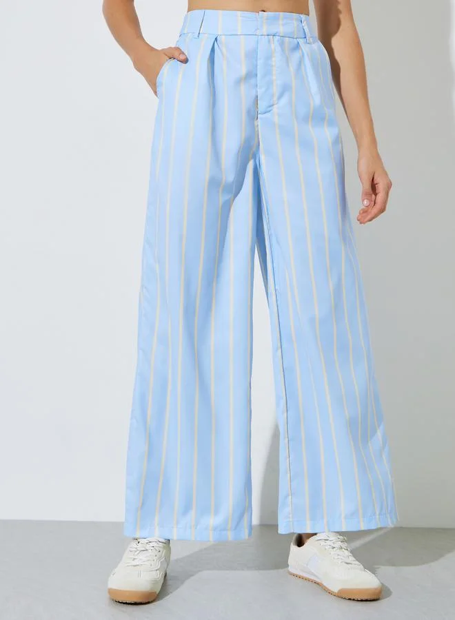 Styli Light Blue Striped Wide Leg Trousers with Side Pocket