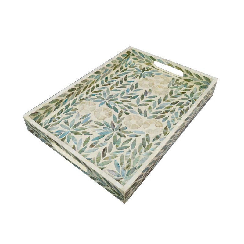 I-lan Creative Rectangular Mother of Pearl Shell Severing Tray Lacquer Wooden Decorative Tray Handmade Shell Serving Tray (35cm) - Image 1