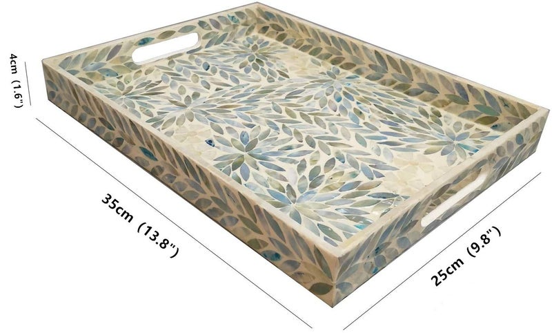 I-lan Creative Rectangular Mother of Pearl Shell Severing Tray Lacquer Wooden Decorative Tray Handmade Shell Serving Tray (35cm) - Image 2
