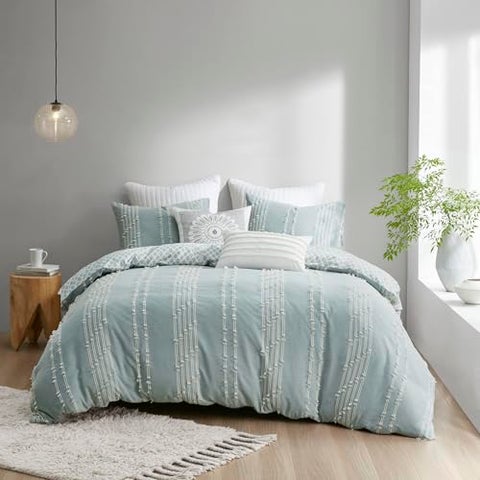 INKIVY Kara 100 Cotton Duvet Mid Century Modern Design All Season Comforter Cover Bedding Set Matching Shams KingCal King Jacquard Stripes Aqua 3 Piece