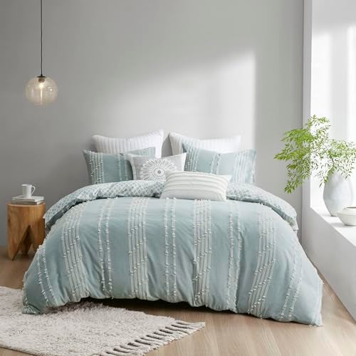 INKIVY Kara 100 Cotton Duvet Mid Century Modern Design All Season Comforter Cover Bedding Set Matching Shams KingCal King Jacquard Stripes Aqua 3 Piece