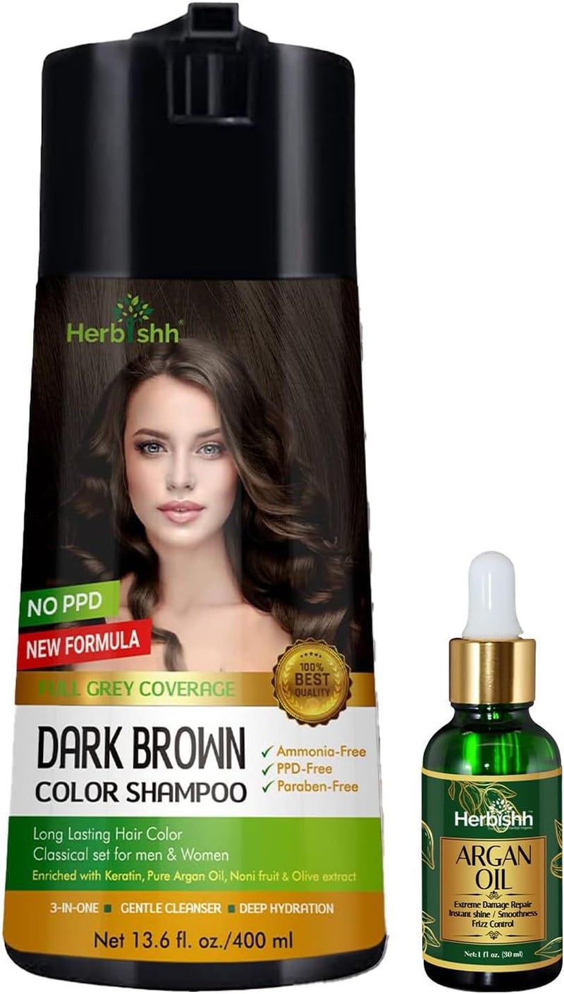 Herbishh Dark Brown Hair Colour Shampoo (400ml) with Argan Oil Serum (30ml) - Ammonia & PPD Free - Image 1