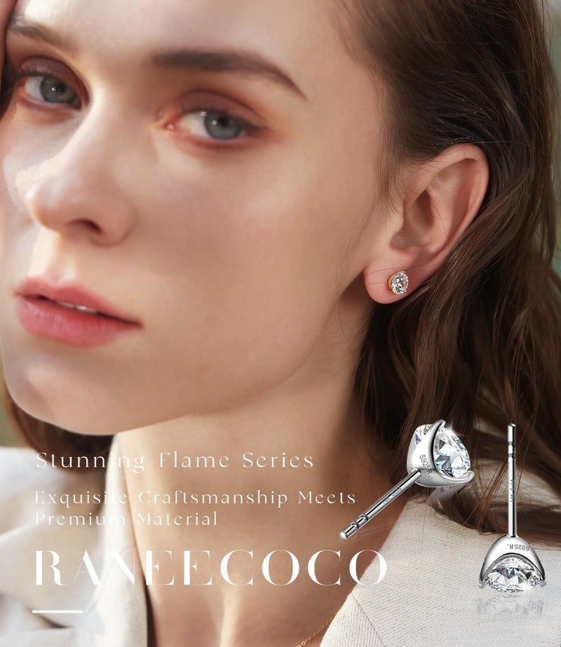 Raneecoco "STUNNING FLAME" 18K Gold Plated Silver Brilliant Cut Simulated Diamond Cubic Zirconia Stud Earrings(white-gold-plated-silver, 0.9) - Image 2