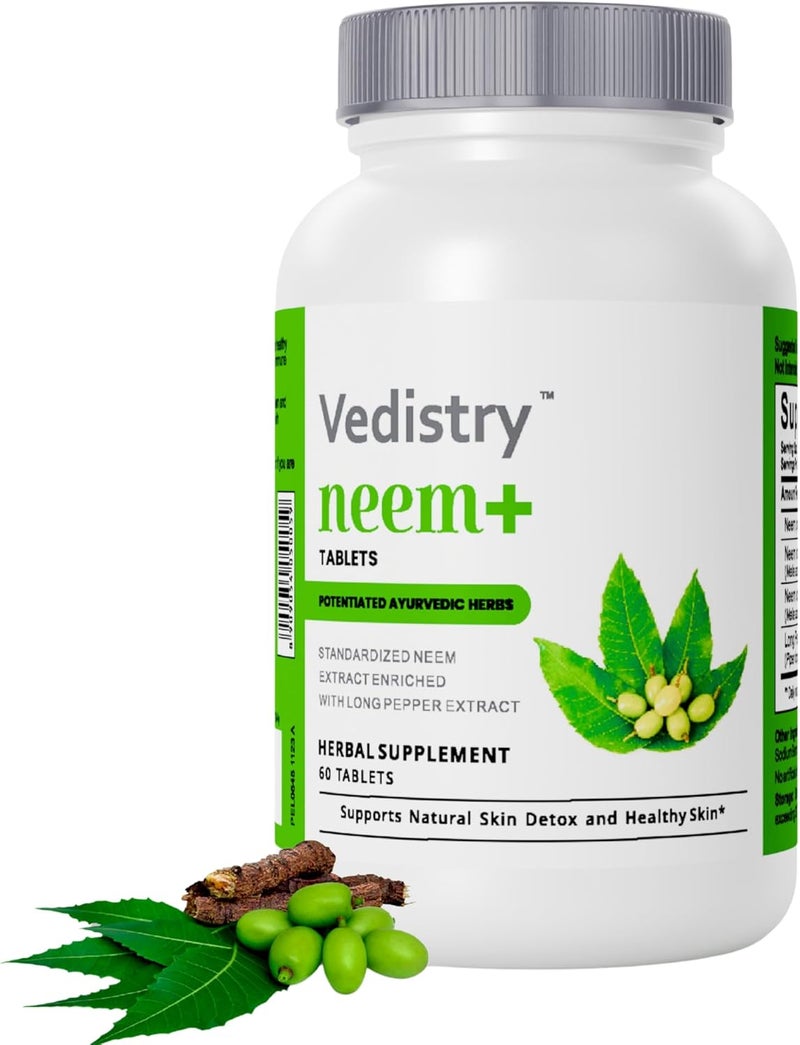 Vedistry Neem Leaf Extract Supplements  1100mg Supports Clear Skin Detoxification and Immune Health  Reduces Acne  Promotes Healthy Skin with Long Pepper  60 Vegan Capsules - Image 1