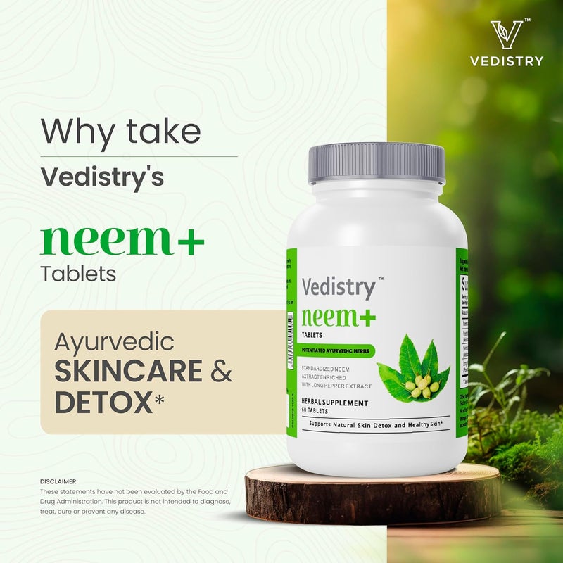 Vedistry Neem Leaf Extract Supplements  1100mg Supports Clear Skin Detoxification and Immune Health  Reduces Acne  Promotes Healthy Skin with Long Pepper  60 Vegan Capsules - Image 3