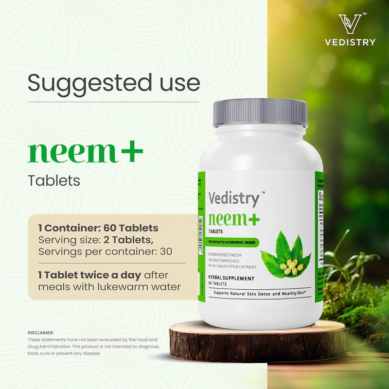 Vedistry Neem Leaf Extract Supplements  1100mg Supports Clear Skin Detoxification and Immune Health  Reduces Acne  Promotes Healthy Skin with Long Pepper  60 Vegan Capsules - Image 5