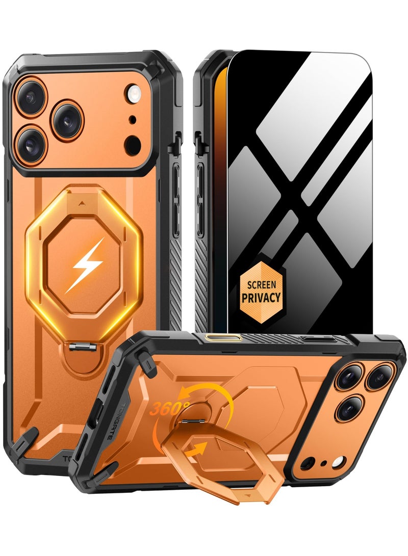 TONGATE for iPhone 17 Pro Max Case with 360° Spin Magnetic Stand, [Compatible with MagSafe][Military-Grade Protection] with Privacy Screen Protector & Camera Control Cover for iPhone 17 ProMax,Orange - Image 1