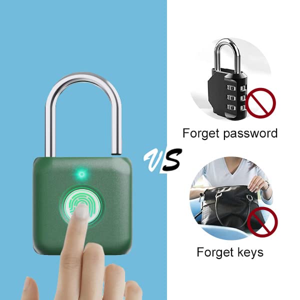 Elinksmart Fingerprint Padlock eLinkSmart Green Metal Padlock Keyless Biometric Padlock for Gym Locker Shed Locker Storage Units Luggages Suitcases - Image 2