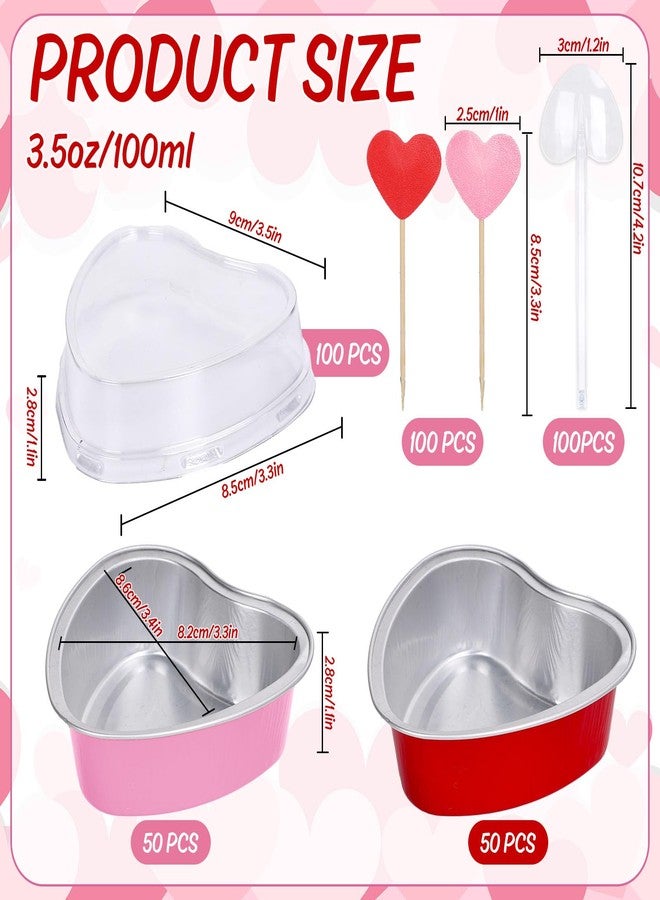 FYSUIMU 100Pcs Valentine' s Day Heart Shaped Cake Pans Red Pink Disposable Mini Aluminium Foil Baking Cups with Lids Spoons Cupcake Topper for Wedding Mother' s Day Birthday - Image 2