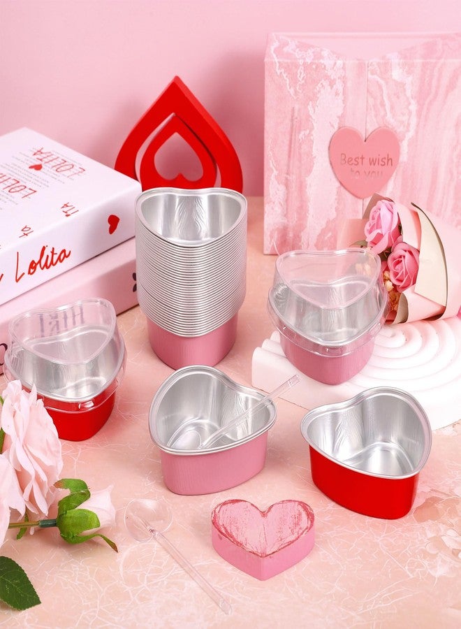 FYSUIMU 100Pcs Valentine' s Day Heart Shaped Cake Pans Red Pink Disposable Mini Aluminium Foil Baking Cups with Lids Spoons Cupcake Topper for Wedding Mother' s Day Birthday - Image 4