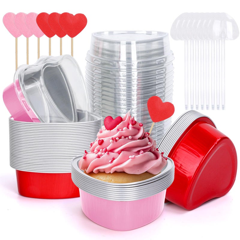 FYSUIMU 100Pcs Valentine' s Day Heart Shaped Cake Pans Red Pink Disposable Mini Aluminium Foil Baking Cups with Lids Spoons Cupcake Topper for Wedding Mother' s Day Birthday - Image 1