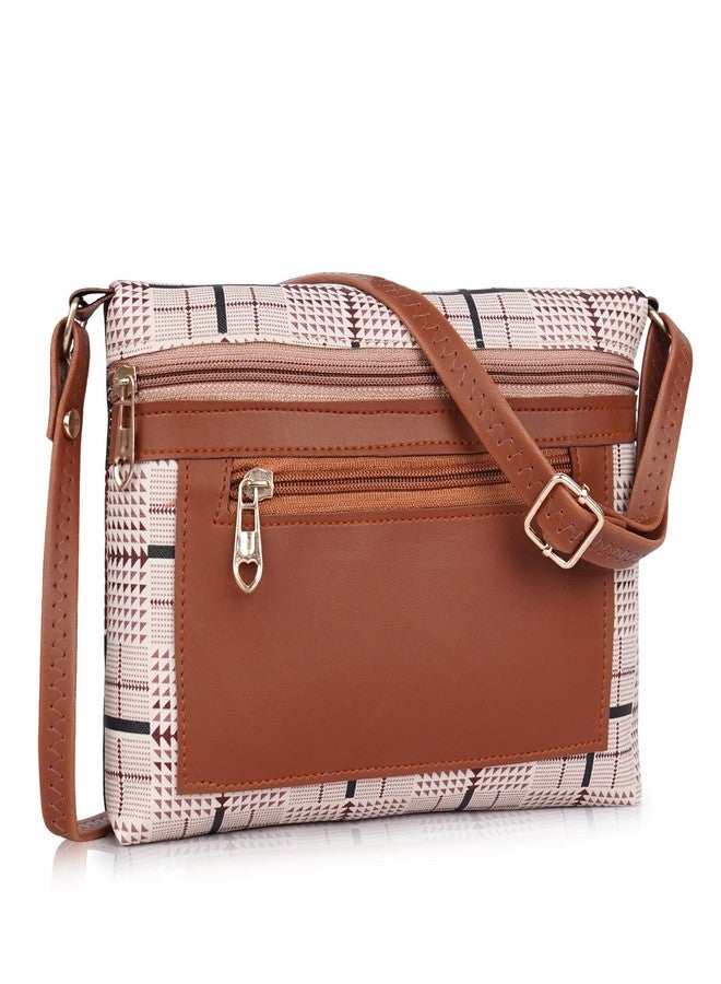 DANIEL CLARK Women’s Printed Crossbody Sling Bag | Off White & Maroon Geometric Design with Brown PU Leather | Adjustable Strap | Zipper Closure | Casual & Travel Handbag - Image 1