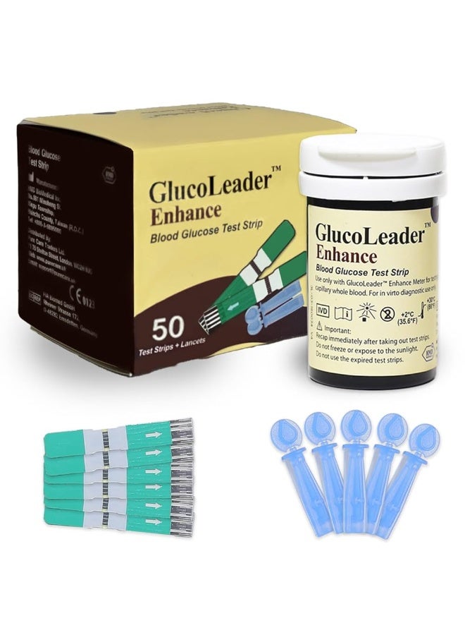 HMD GlucoLeader Test Strip 50+50 Test Strips and Lancets Testing Kit in mg/dL - (Made In Taiwan) - Image 1