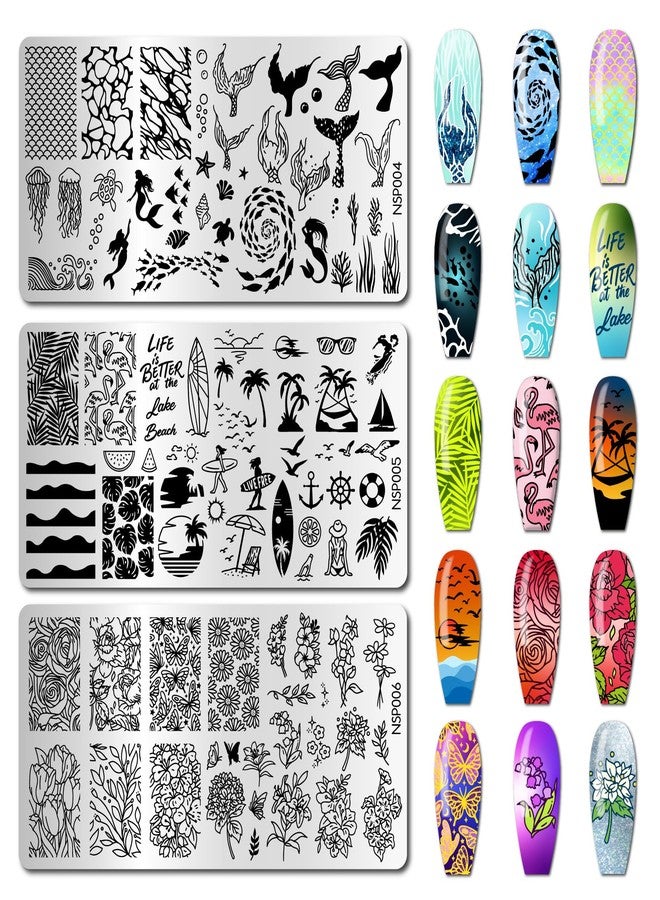 Arbuya 3pcs Ocean Beach Nail Stamping Plates, Bow Nail Stamper Flowers Art Stencils Stainless Steel Image Plate for Nails Art Design Manicure Salon - Image 1