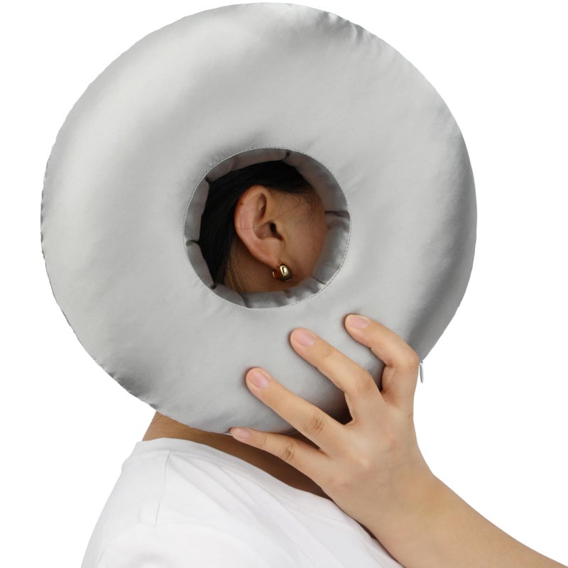 Heal n Hope Heal n Hope Silky Satin Piercing Pillow Ear Pillows Donut with Hole for Ear Pain CNH Piercing Pain Relief Sleeping Pressure Sore Side Sleepers Smooth Cooling Ear Guard Protector, Silver Gray  - Image 1